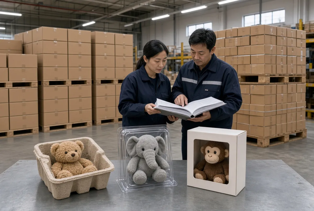 Warehouse team reviewing packaging files beside three plush toy pack formats