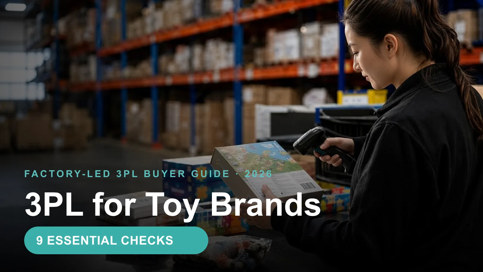 Cover graphic reading 3PL for Toy Brands — 9 Essential Checks, over a warehouse worker scanning boxed toys