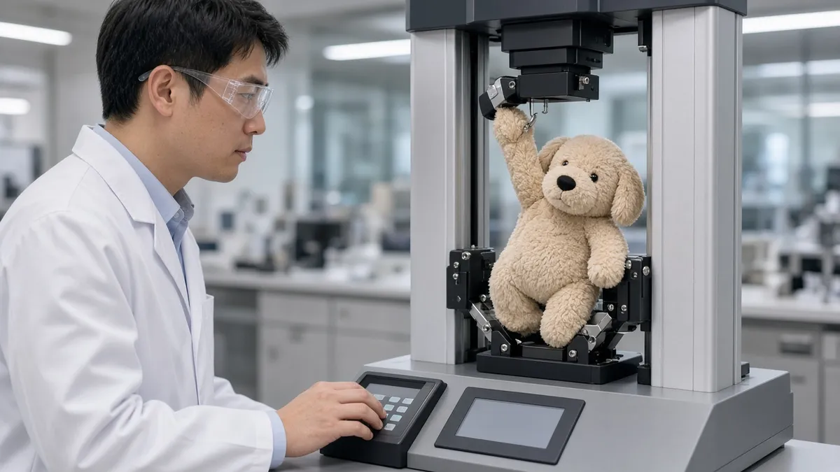 QC technician weighing a plush toy on a digital scale in the testing lab