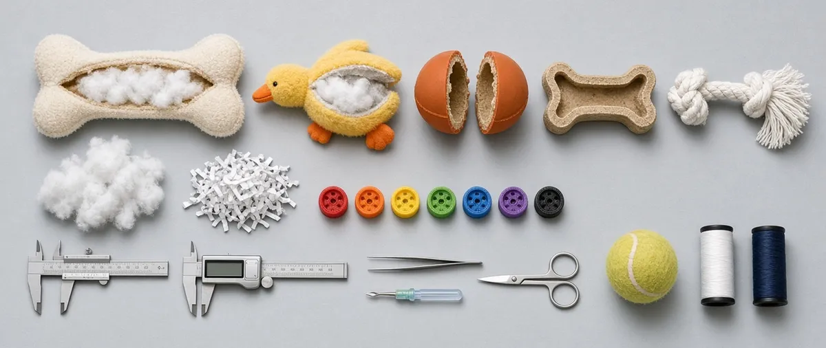 Dissected dog toys arranged beside measuring tools at the teardown bench