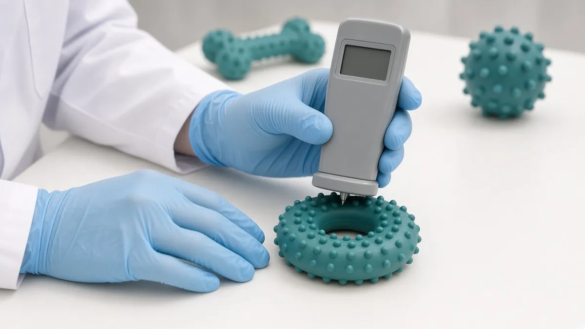 Gloved hands measuring rubber hardness on a teal spiky dog ball with a Shore durometer