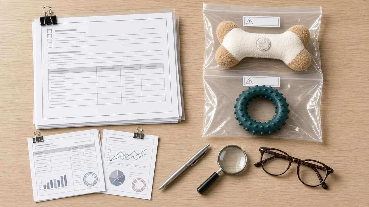 Compliance paperwork, calipers, scissors and dog toy samples on a QC table