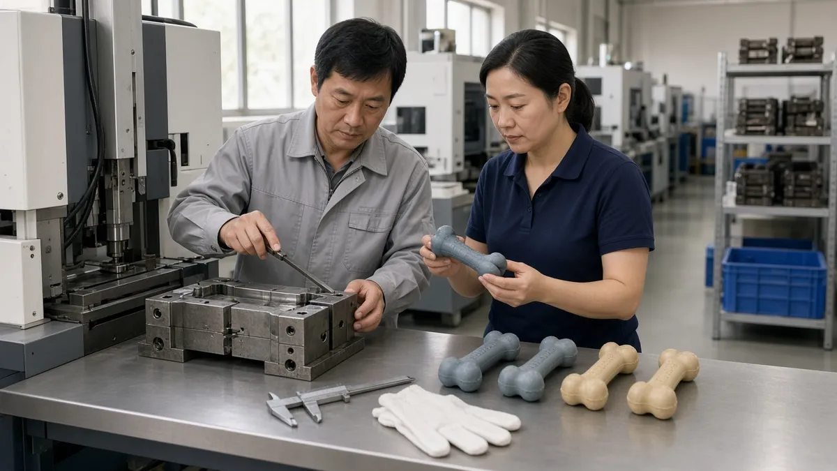 Operators inspecting molded parts at a factory machine with dog toy samples