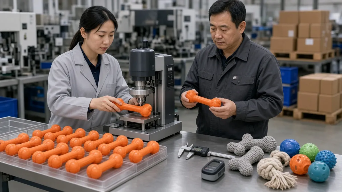 QC staff measuring and inspecting orange rubber dog toys at a factory workbench