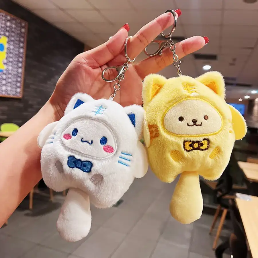 Client showcasing character mascot plush keychain