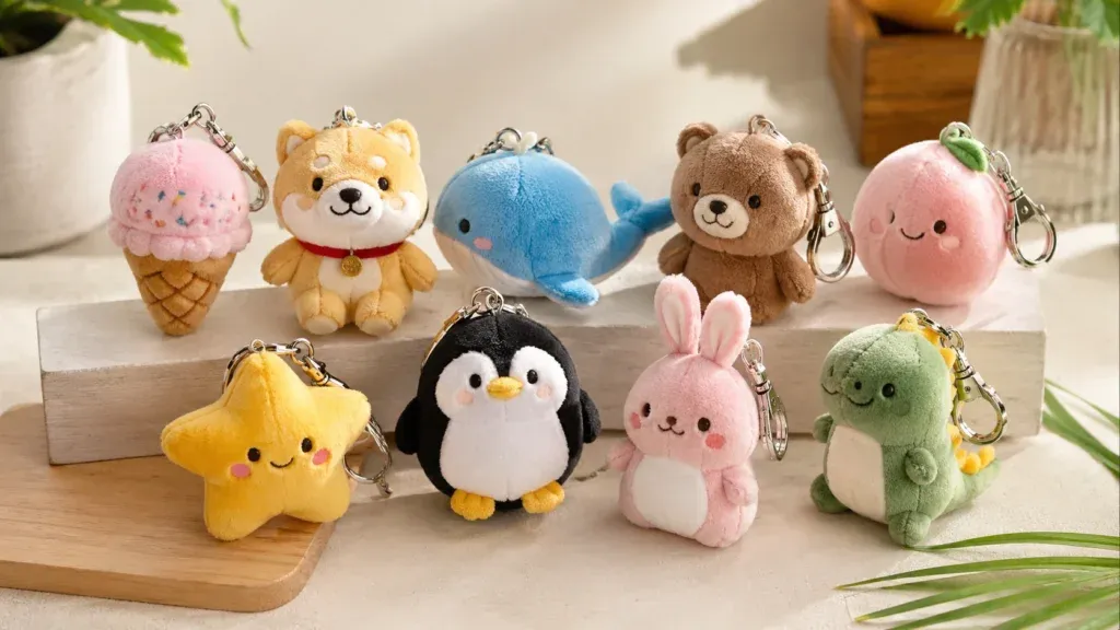 Collection of custom plush keychains manufactured by LeelineToys