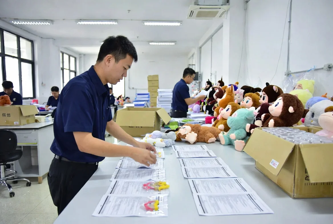Plush toy undergoing third-party safety testing and quality verification