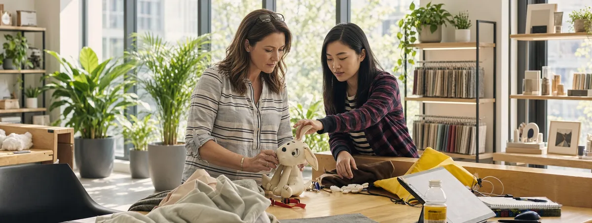 Two people reviewing a plush toy and fabric samples at a design table