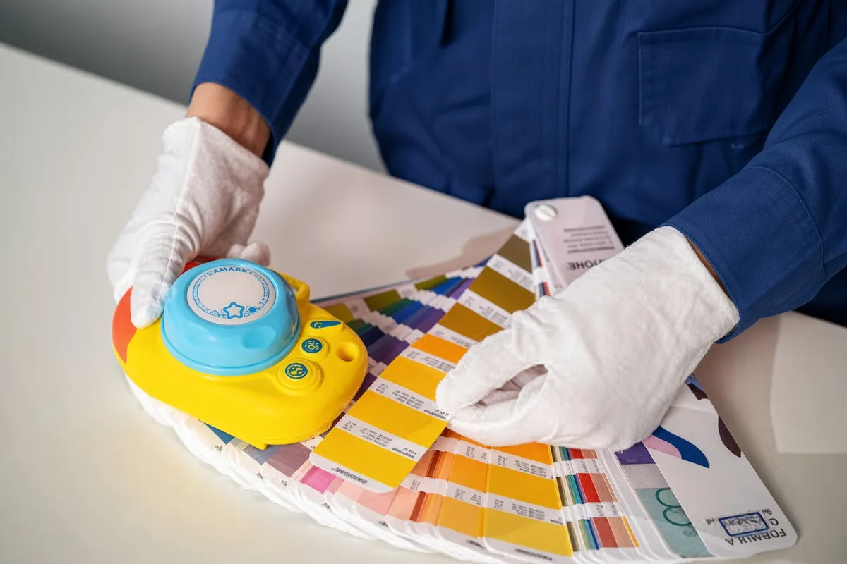 Gloved hands measuring a toy component with a digital caliper beside colour swatch sheets