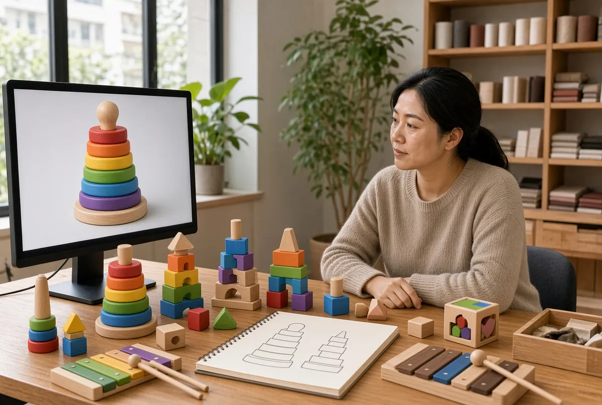 A designer reviewing a 3D render of a stacking toy on screen, with physical samples and sketches on the desk
