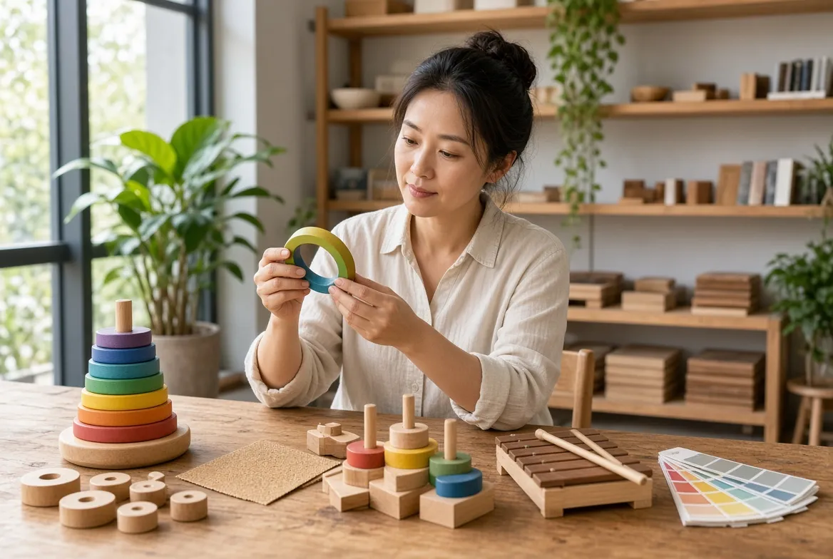 A finished sample of a rainbow stacking toy being checked by hand, with other wooden toys on the table