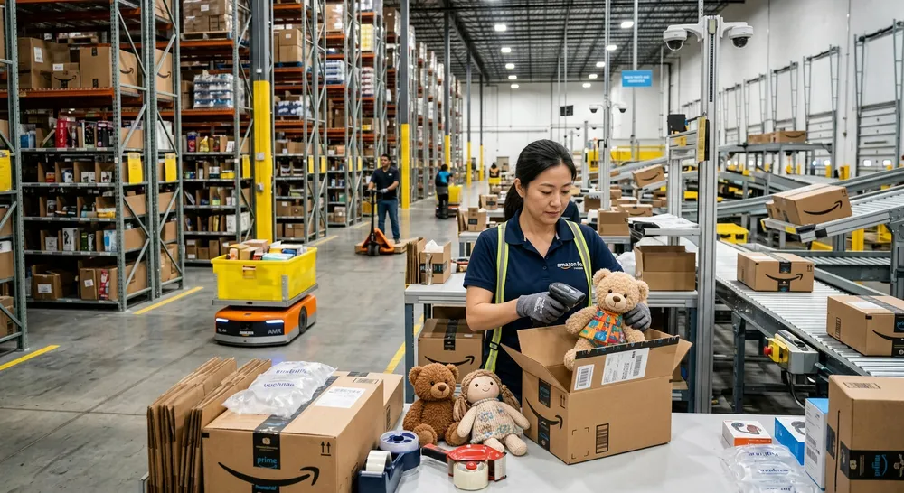 A worker holding a plush toy beside Amazon cartons on a warehouse packing table