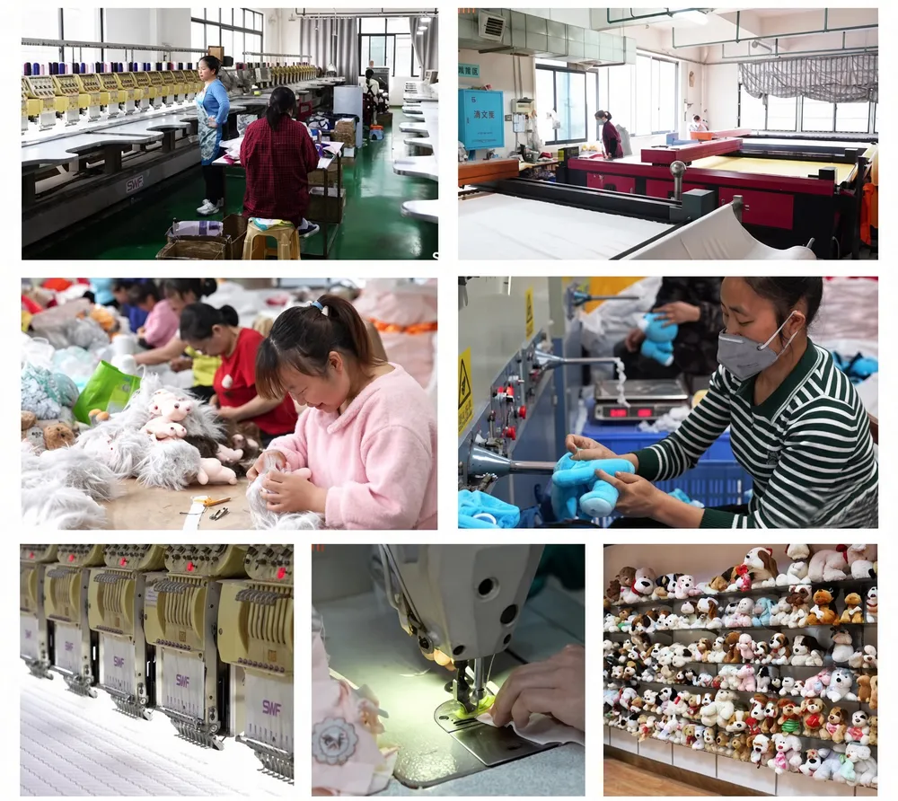 A set of production scenes — sewing, assembly, packing and finished stock on the factory floor