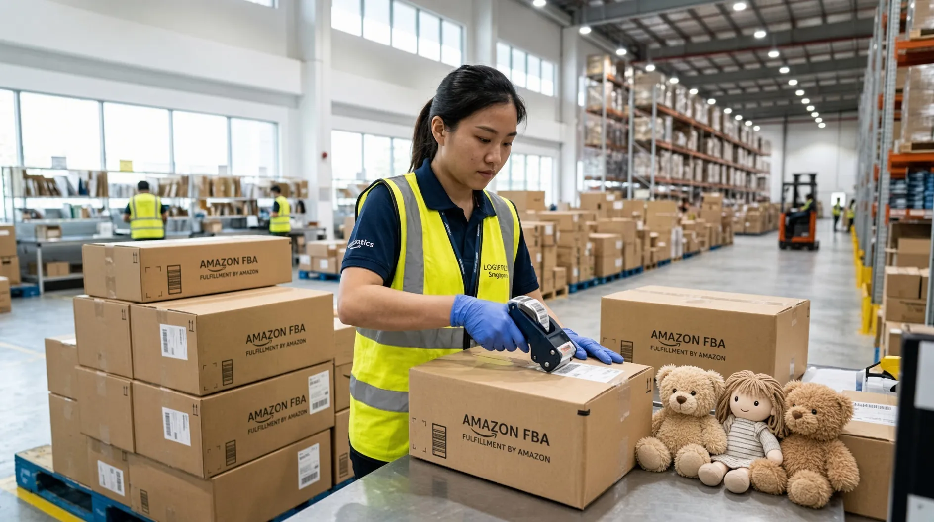 A worker checking Amazon FBA cartons and plush toys at a packing table