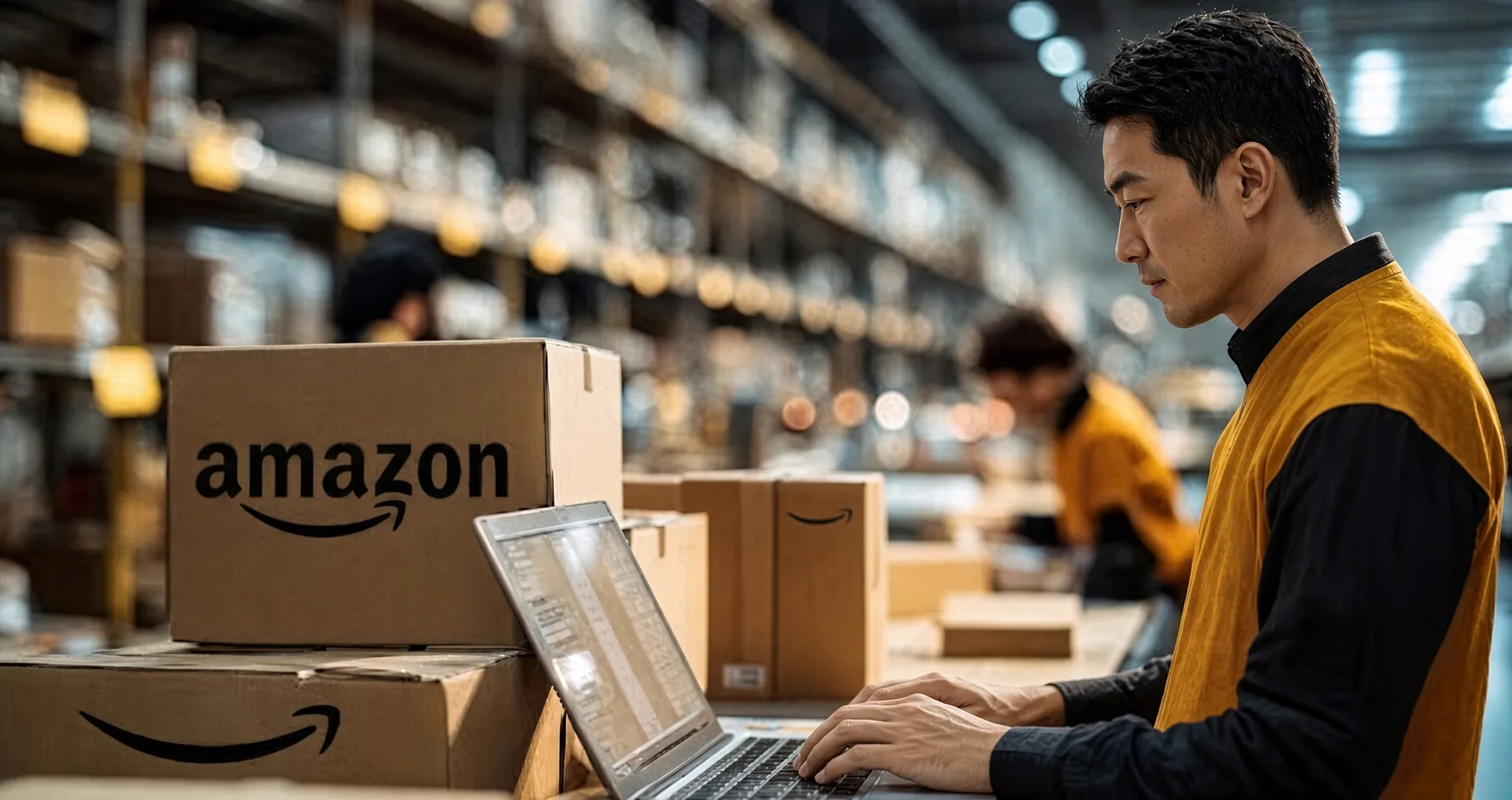 Amazon cartons on pallet racking in a warehouse, with a worker on a laptop in the foreground