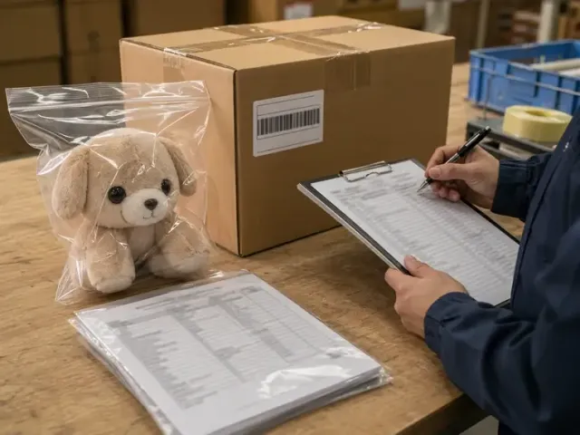 QC inspector measuring a toy sample against the approved spec at LeelineToys factory