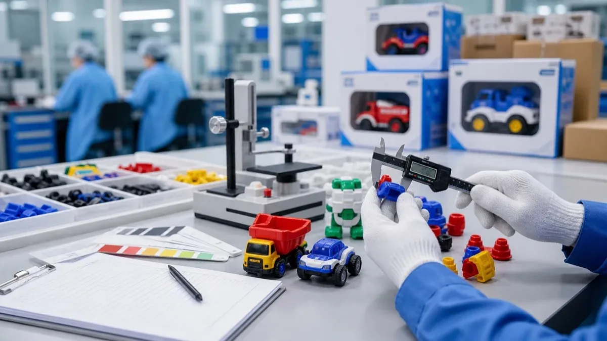 Wide view of the QC inspection station across LeelineToys production lines