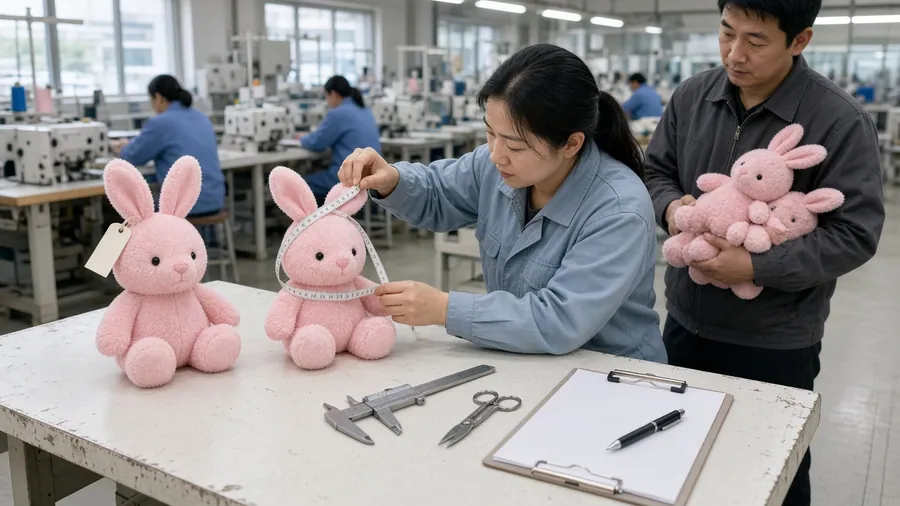 Two inspectors checking pink plush rabbits at a first-article inspection bench