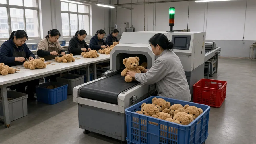 Finished plush toys passing through a conveyor metal detector