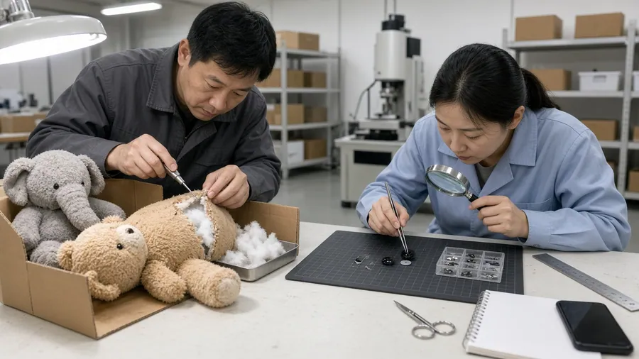 Returned teddy bears opened at a failure-teardown bench beside inspection tools