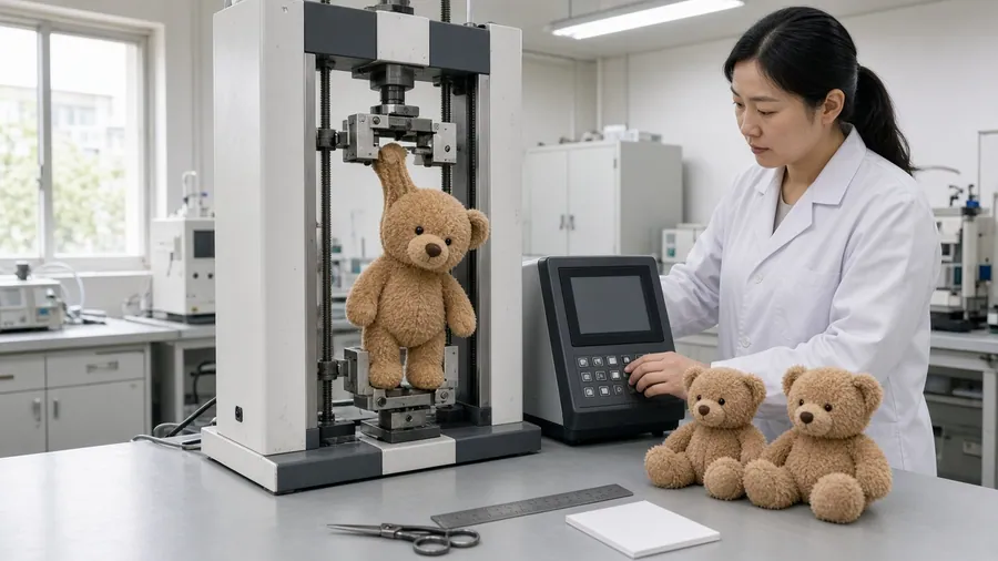 A teddy bear seam held under load in a tensile-strength testing machine