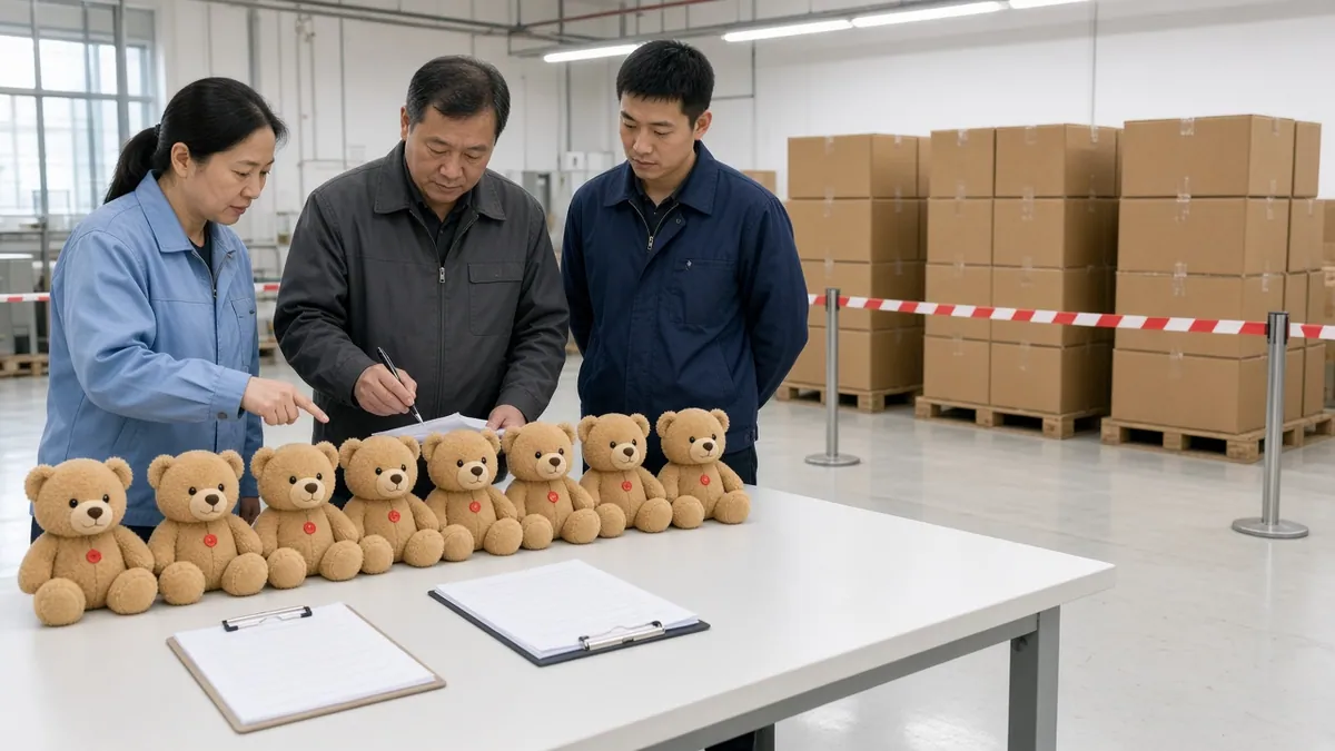 A QA team reviewing a row of teddy bears from a held lot in a warehouse