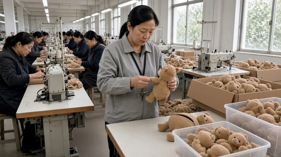 A worker inspecting finished plush toys along an inline inspection table