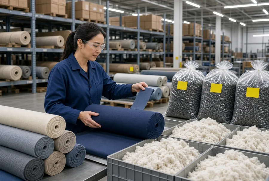 A worker at a fabric station beside rolls of blue fabric and bags of white stuffing