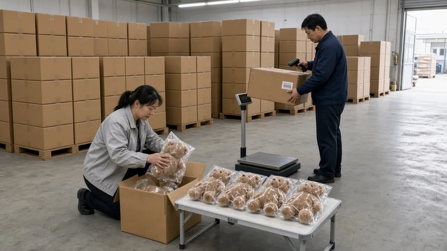 Two inspectors checking packaged plush toys and cartons before shipment