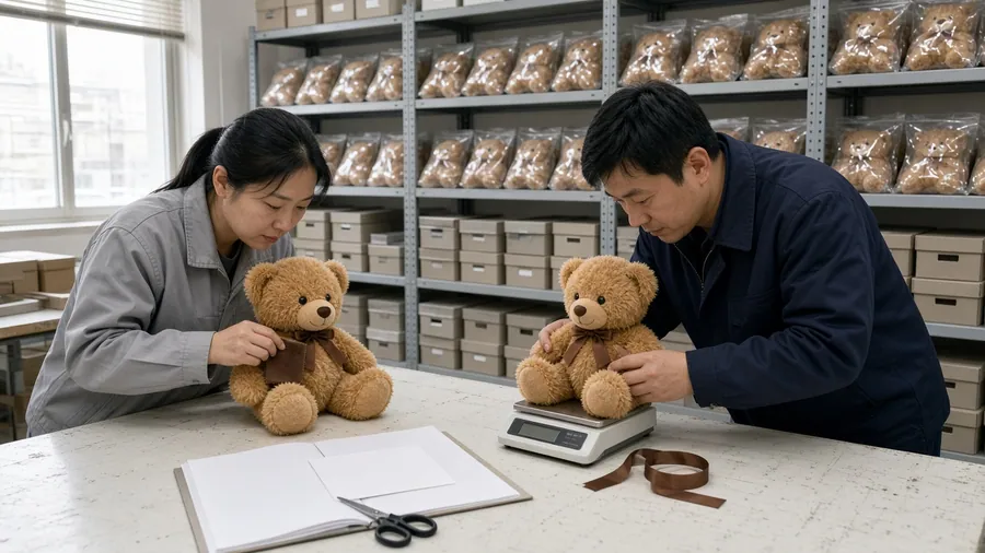 Two workers comparing a reordered teddy bear against the approved reference