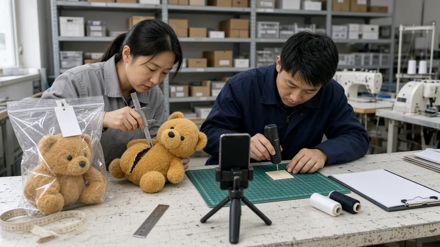 Two workers comparing teddy bear samples at an inspection bench