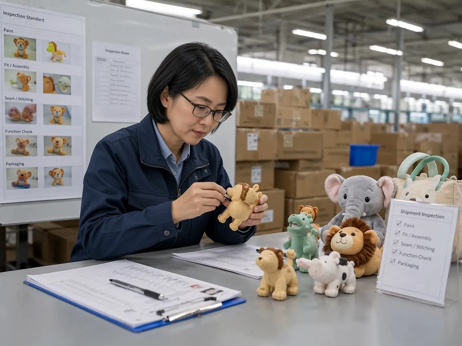 A QC inspector examining a plush toy beside a shipment inspection checklist on the factory floor