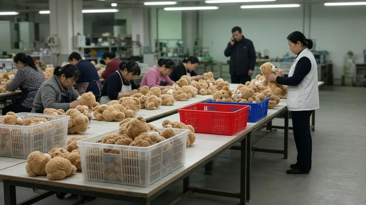 An inspection line of workers checking plush toys at a factory bench
