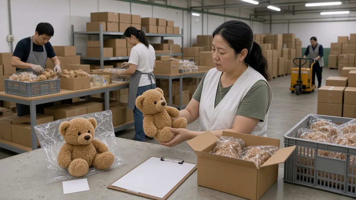 Two workers packing inspected teddy bears into cartons at a factory bench